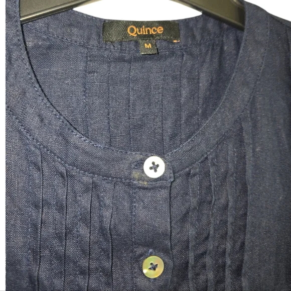 Quince 100% European Linen Navy Short Sleeve Swing Dress Pleated Front Medium - Picture 3 of 9
